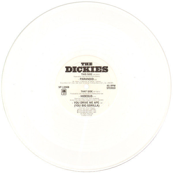 The Dickies : Paranoid ▪ Hideous ▪ You Drive Me Ape (You Big Gorilla) (10", Maxi, Ltd, Whi)