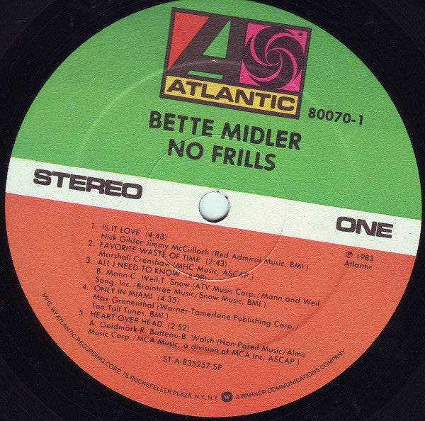 Bette Midler : No Frills (LP, Album, Spe)