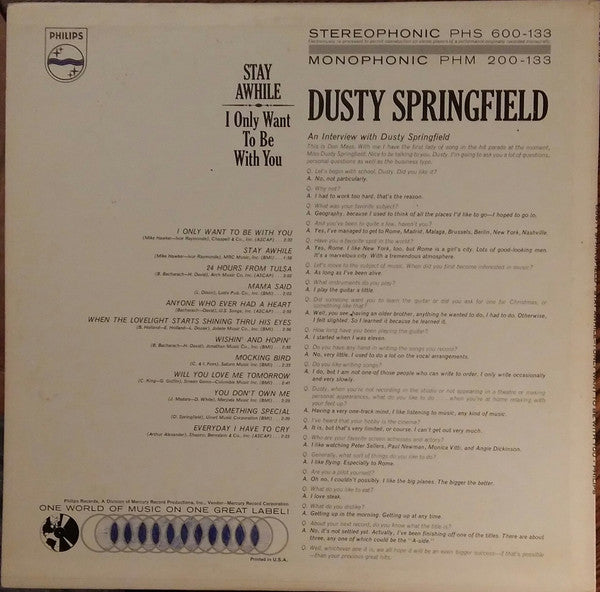 Dusty Springfield : Stay Awhile - I Only Want To Be With You (LP, Album)