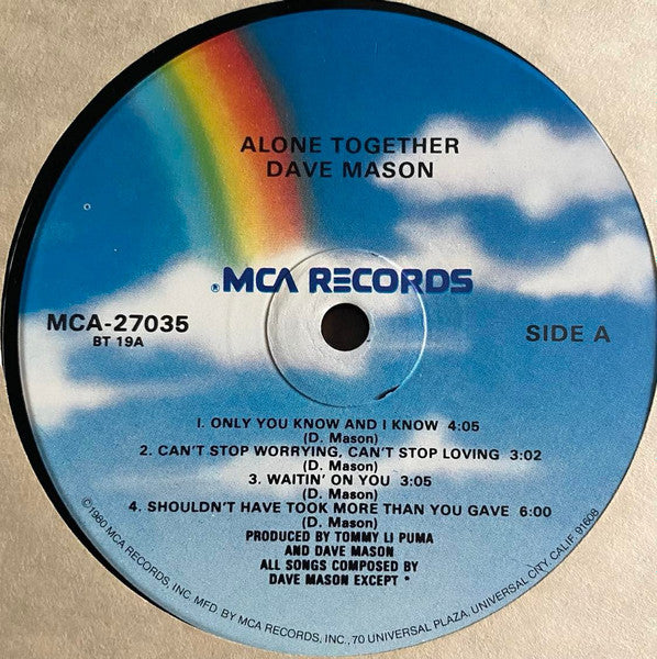 Dave Mason : Alone Together (LP, Album, RE, Glo)
