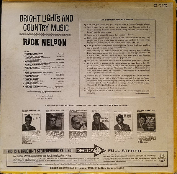 Ricky Nelson (2) : Bright Lights & Country Music (LP, Album)