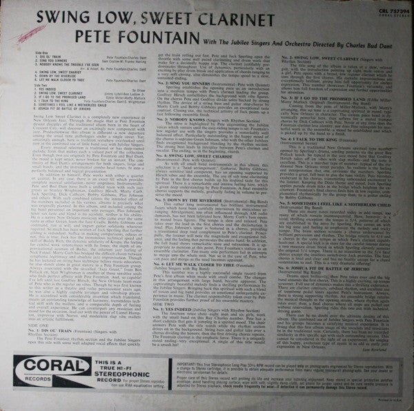Pete Fountain With The Jubilee Singers And Charles Bud Dant And Orchestra* : Swing Low, Sweet Clarinet (LP, Album, Pin)