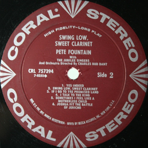 Pete Fountain With The Jubilee Singers And Charles Bud Dant And Orchestra* : Swing Low, Sweet Clarinet (LP, Album, Pin)